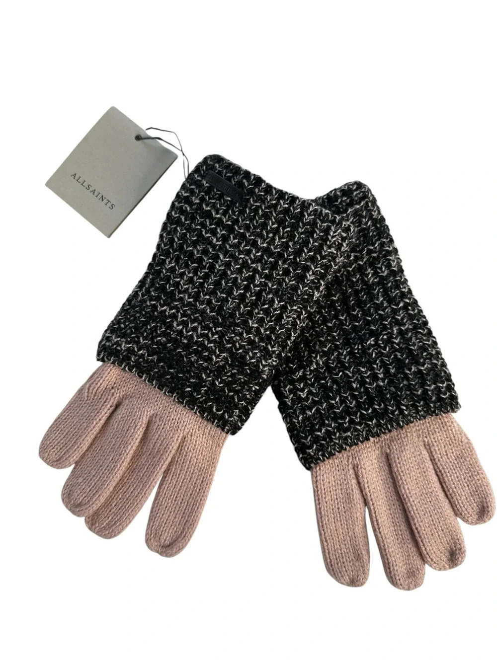 AllSaints Angled Stitch Marled Wool Blend Gloves Black Blush NWT